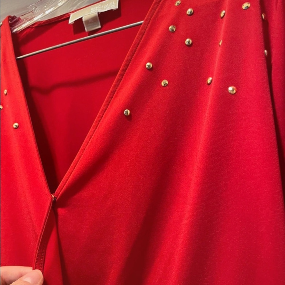 Michael Kors Red Studded Wrap Blouse Bedazzled Long Sleeve Top Christmas Size XL - Picture 2 of 5